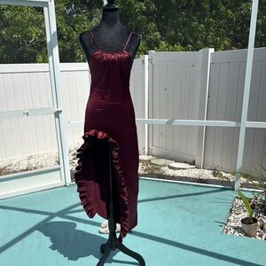 Elegant Burgundy Ruffle Hem Dress